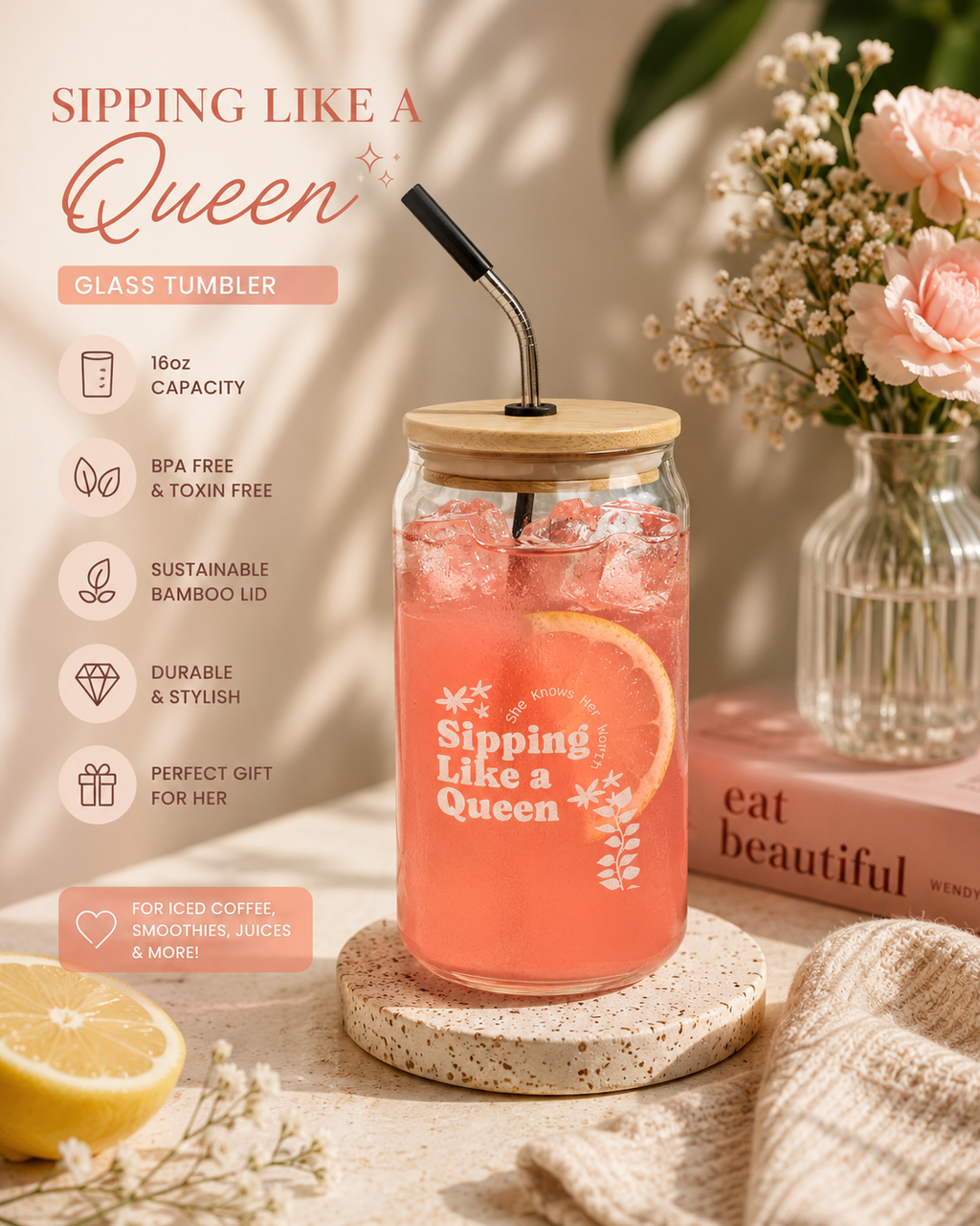 Sipping Like a Queen Can Glass with Lid | 16oz Engraved