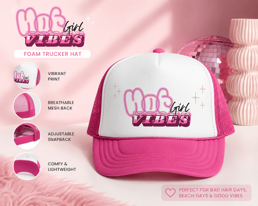 Hot Girl Vibes Trucker Hat, Pink Foam Trucker Cap, Coquette Hat, Y2K Aesthetic Hat, Cute Summer Hat for Women