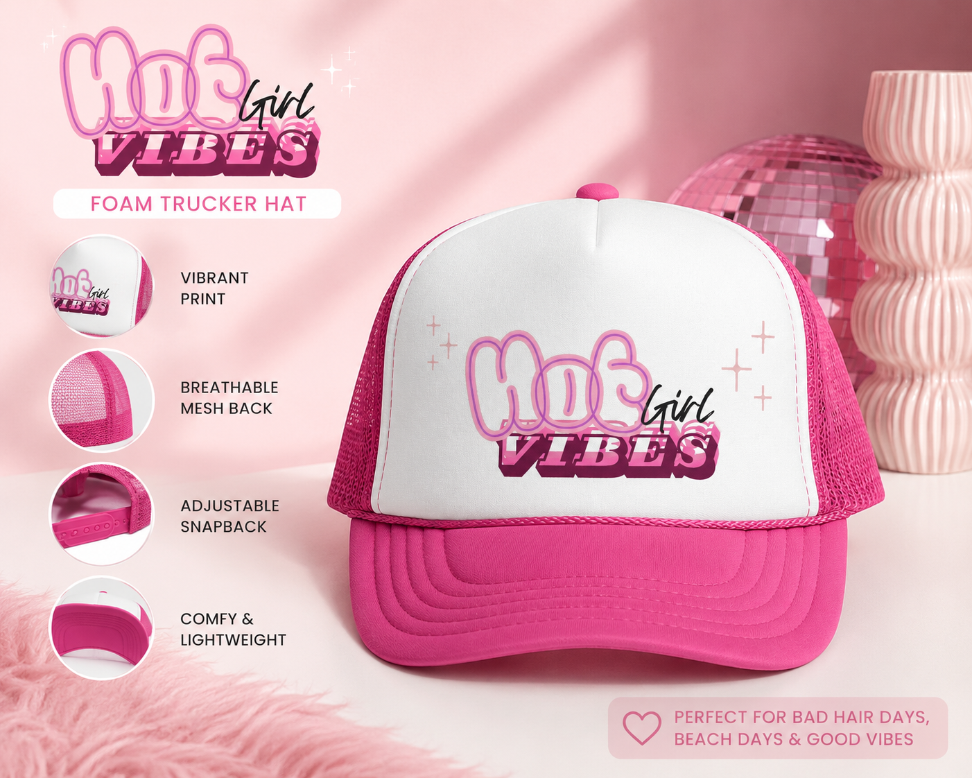 Hot Girl Vibes Trucker Hat, Pink Foam Trucker Cap, Coquette Hat, Y2K Aesthetic Hat, Cute Summer Hat for Women