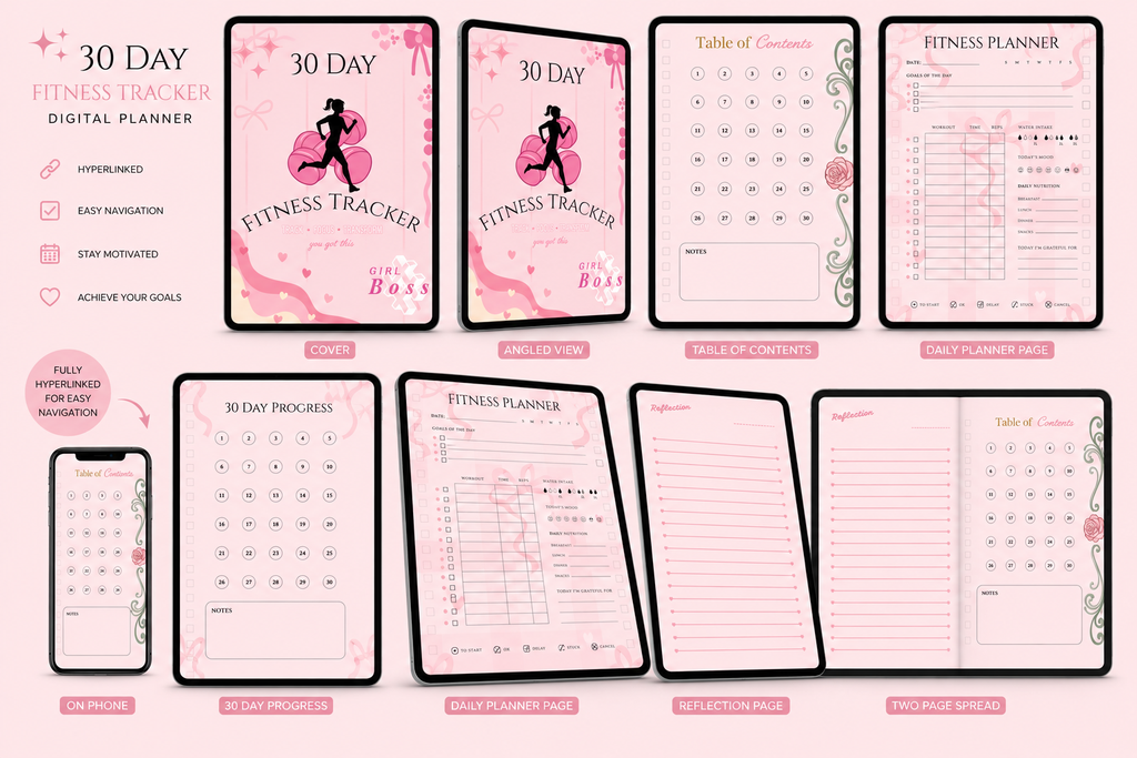 Digital Fitness Planner for Athletic Women | 30 Day Fitness Tracker | Weight Loss Tracker | Wellness Journal | Health & Habit Tracker