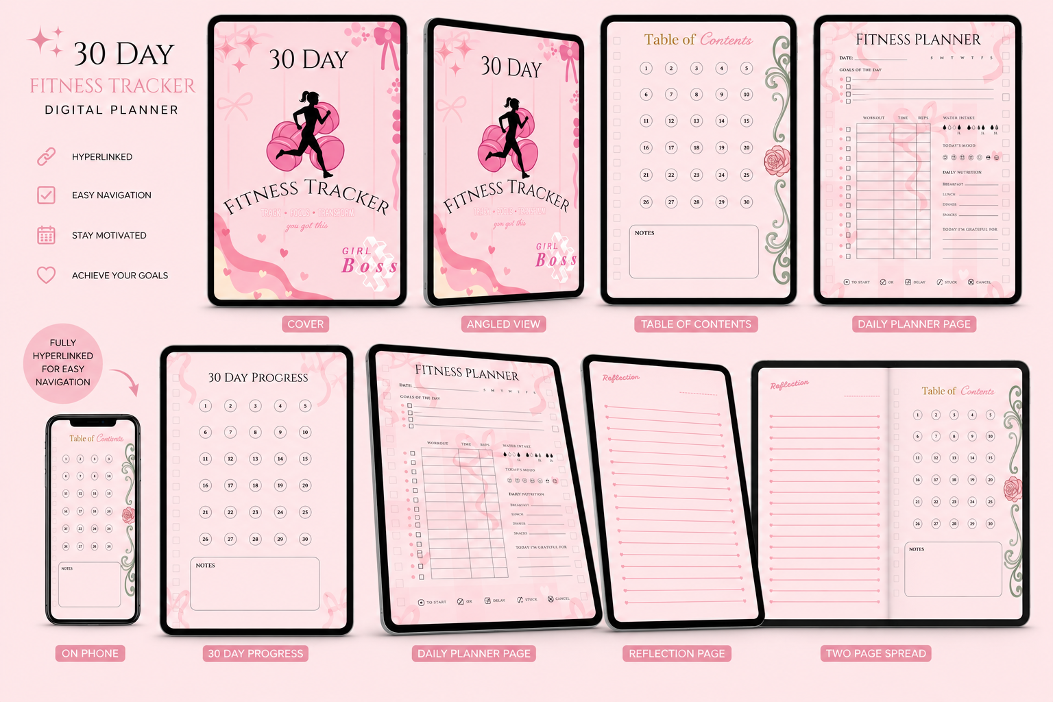 Digital Fitness Planner for Athletic Women | 30 Day Fitness Tracker | Weight Loss Tracker | Wellness Journal | Health & Habit Tracker