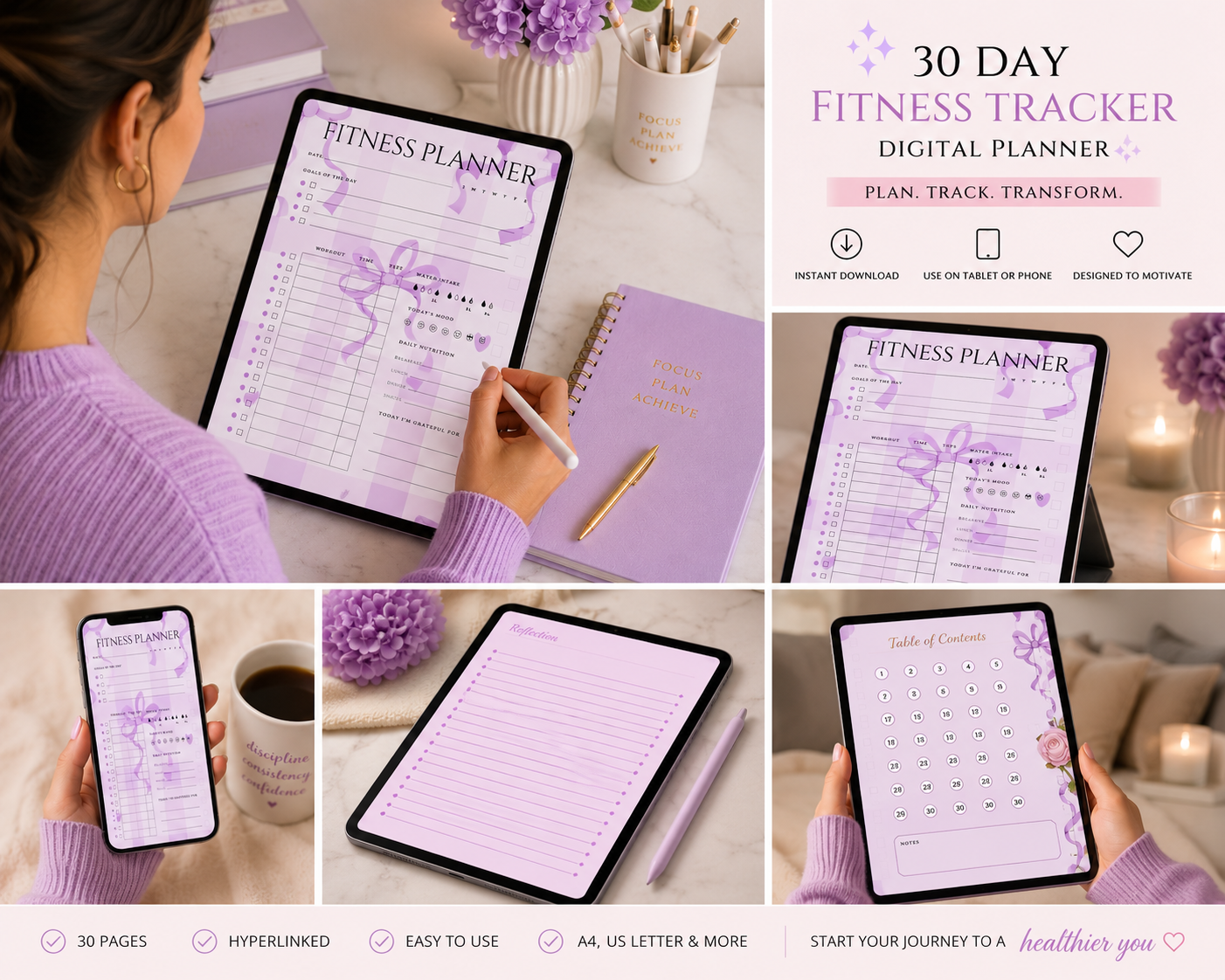 30-Day Purple Digital Fitness Tracker & Reflection Journal for Women | Weight Loss Tracker | Wellness Journal | Health and Habit Tracker