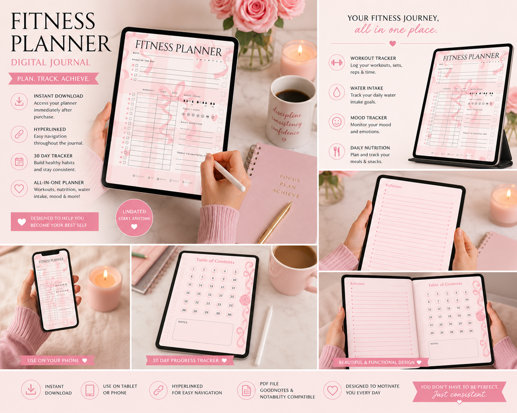 Digital Fitness Planner for Athletic Women | 30 Day Fitness Tracker | Weight Loss Tracker | Wellness Journal | Health & Habit Tracker